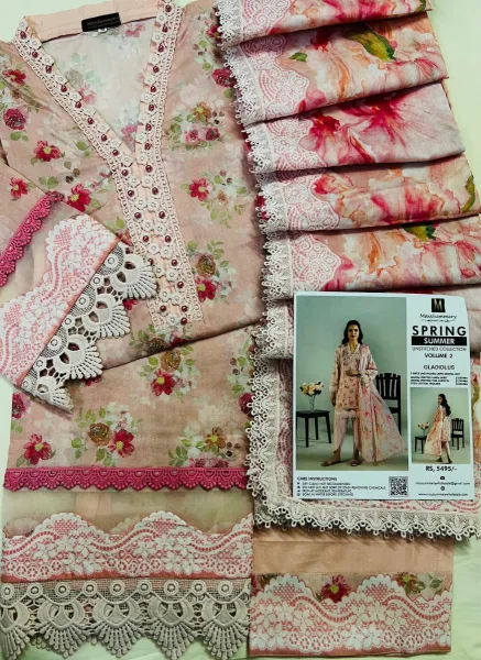 Pakistani Original Mausummery Cotton Stitched 3 Pcs _ Pink 